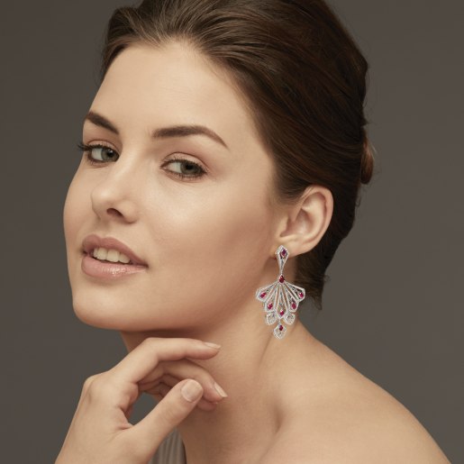 Diamond , Ruby And Pink Tourmaline Earring In White Gold (24.53 Gram) With Diamonds (2.924 Ct)